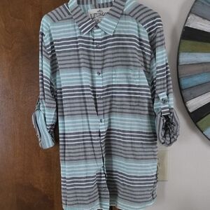 Life Is Good Teal and Gray Striped Shirt Button Down